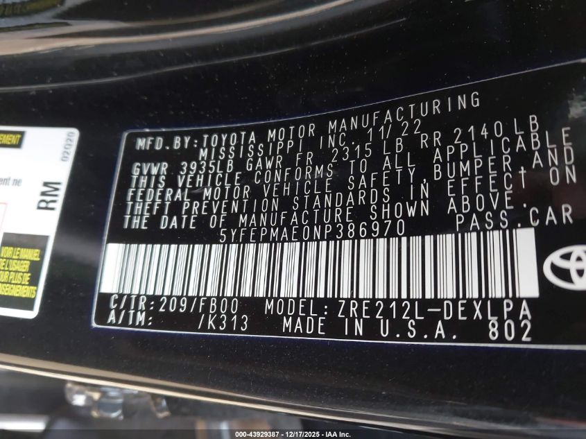 2022 Toyota Corolla Le VIN: 5YFEPMAE0NP386970 Lot: 43929387