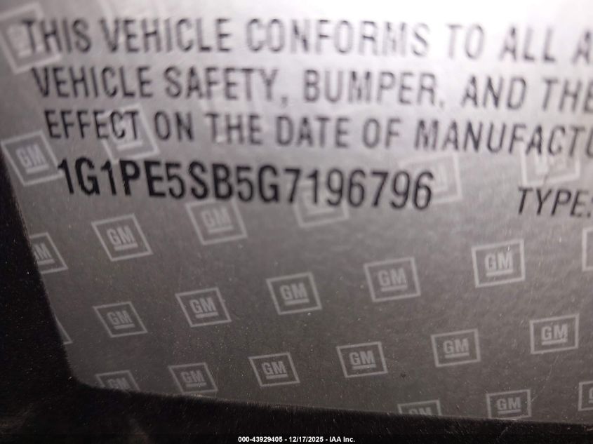 2016 Chevrolet Cruze Limited 1Lt Auto VIN: 1G1PE5SB5G7196796 Lot: 43929405