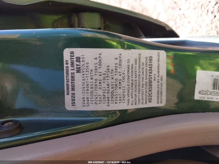 2000 Isuzu Rodeo Ls/Lse/S 3.2L VIN: 4S2CK58W5Y4343165 Lot: 43929407