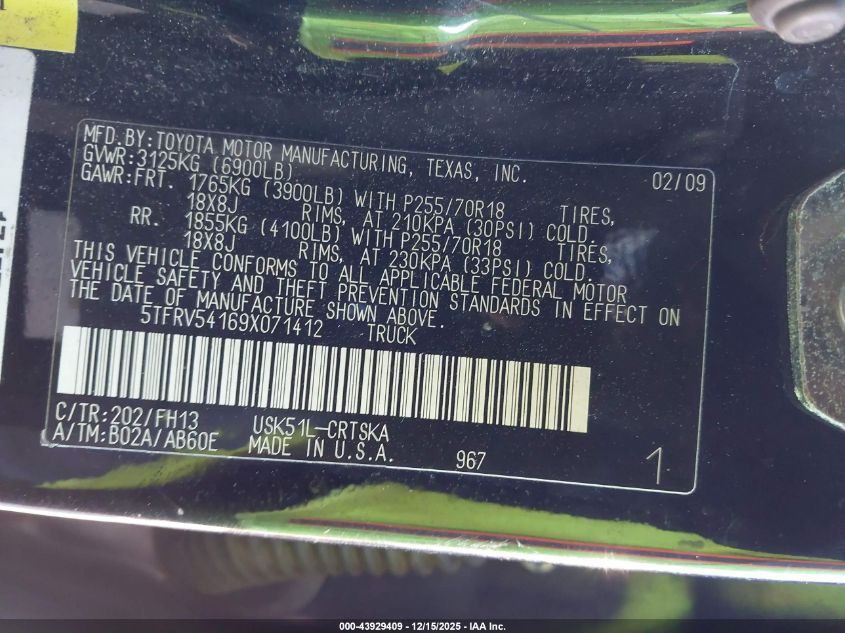 2009 Toyota Tundra Grade 5.7L V8 VIN: 5TFRV54169X071412 Lot: 43929409