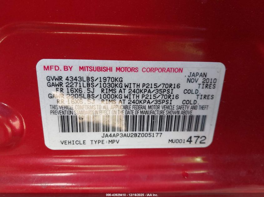 2011 Mitsubishi Outlander Sport Es VIN: JA4AP3AU2BZ005177 Lot: 43929410