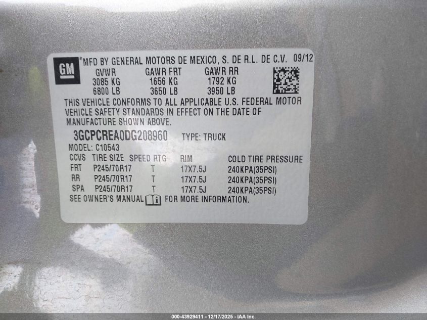 2013 Chevrolet Silverado 1500 Ls VIN: 3GCPCREA0DG208960 Lot: 43929411