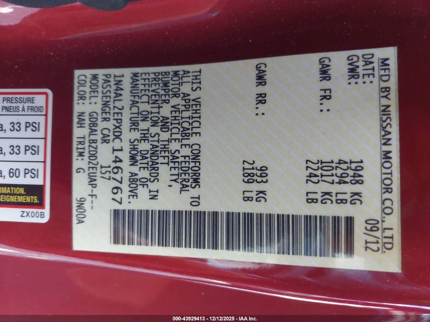 2013 Nissan Altima 2.5 S VIN: 1N4AL2EPXDC146767 Lot: 43929413