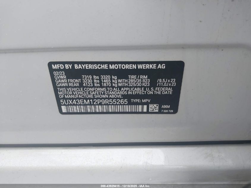 2023 BMW Alpina Xb7 VIN: 5UX43EM12P9R55265 Lot: 43929415