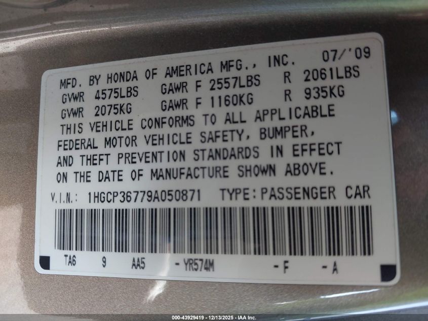2009 Honda Accord 3.5 Ex VIN: 1HGCP36779A050871 Lot: 43929419