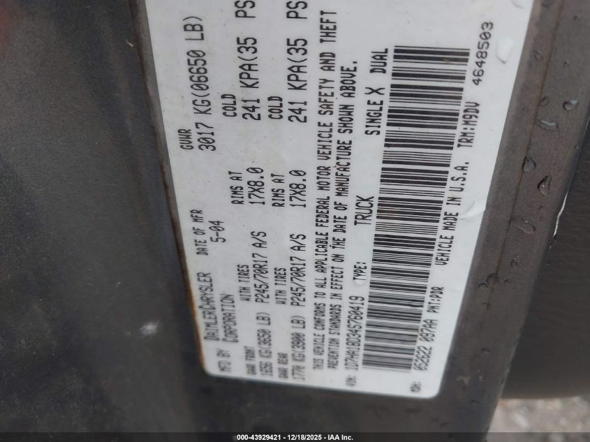 2004 Dodge Ram 1500 Slt/Laramie VIN: 1D7HA18D34S760419 Lot: 43929421