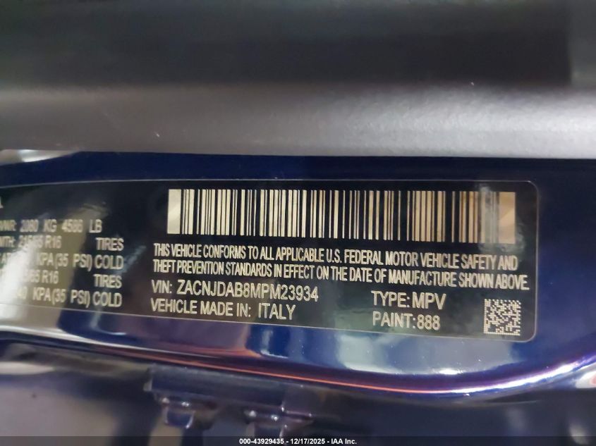 2021 Jeep Renegade Sport 4X4 VIN: ZACNJDAB8MPM23934 Lot: 43929435