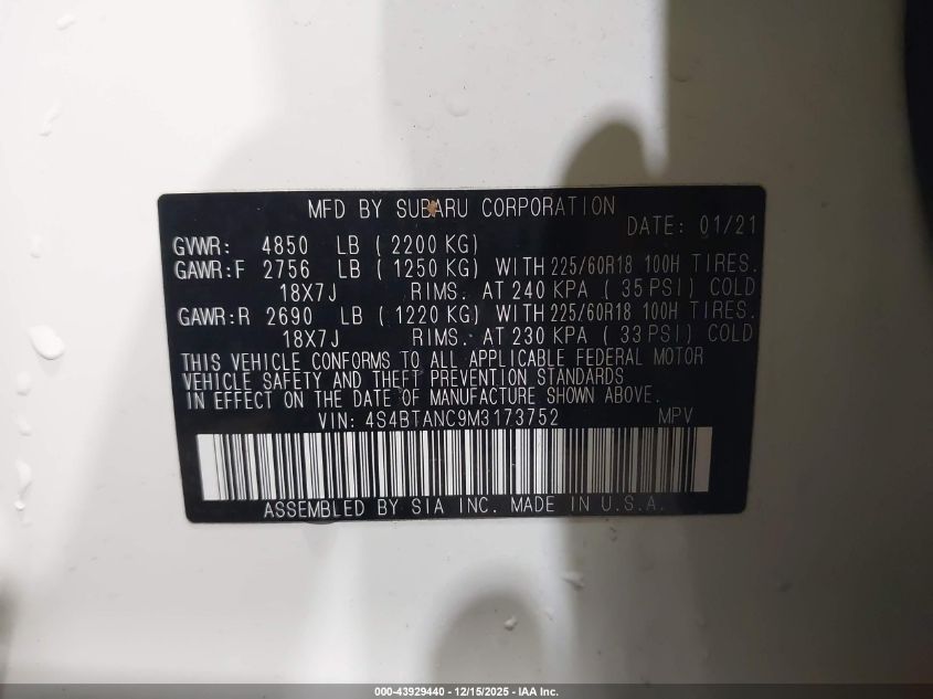 2021 Subaru Outback Limited VIN: 4S4BTANC9M3173752 Lot: 43929440