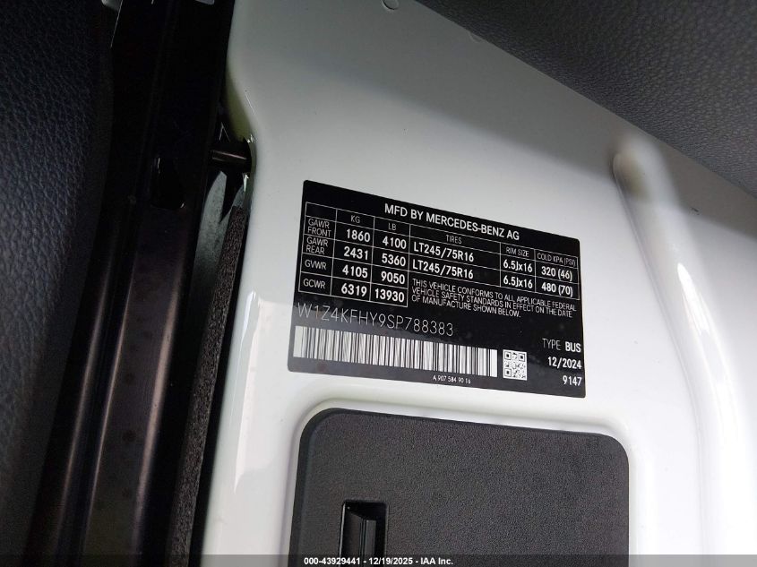 2025 Mercedes-Benz Sprinter 2500 Standard Roof 4-Cyl Diesel VIN: W1Z4KFHY9SP788383 Lot: 43929441
