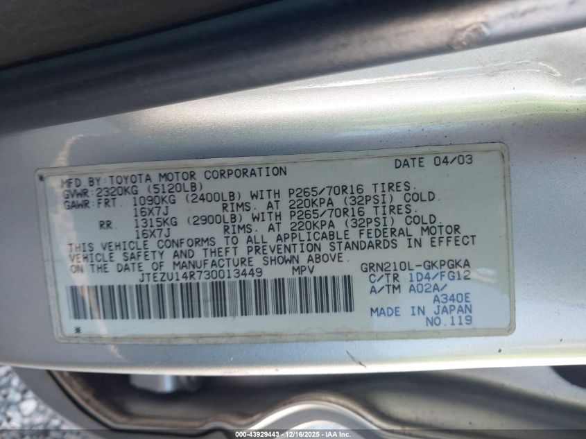 2003 Toyota 4Runner Sr5 V6 VIN: JTEZU14R730013449 Lot: 43929443