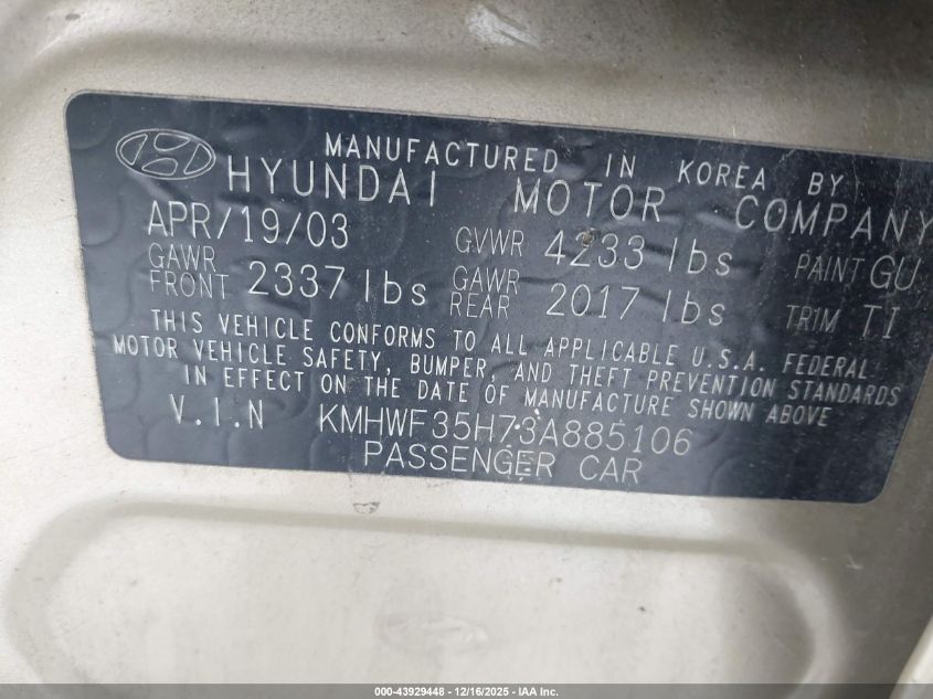 2003 Hyundai Sonata Gls/Lx VIN: KMHWF35H73A885106 Lot: 43929448