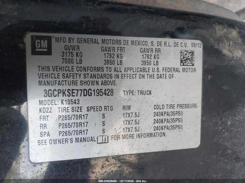 2013 Chevrolet Silverado 1500 Lt VIN: 3GCPKSE77DG195428 Lot: 43929450