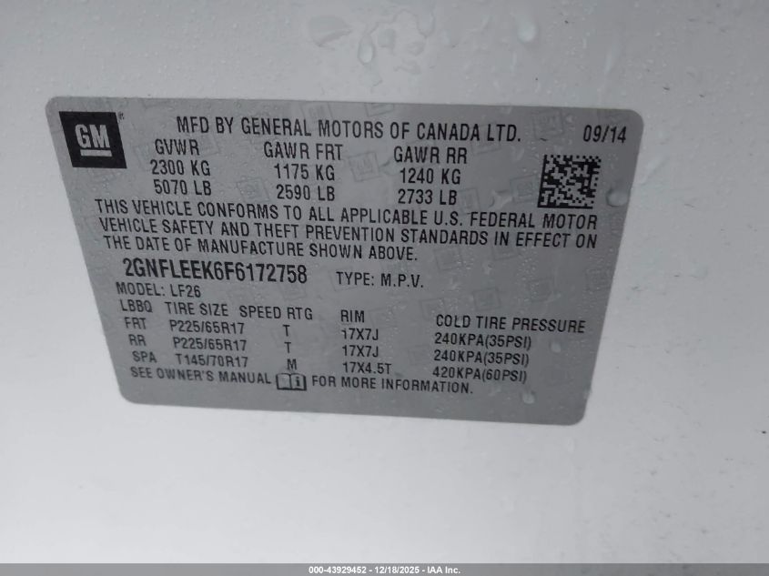 2015 Chevrolet Equinox Ls VIN: 2GNFLEEK6F6172758 Lot: 43929452