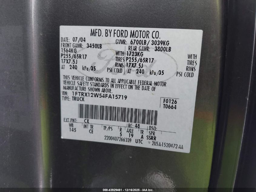 2004 Ford F-150 Stx/Xl/Xlt VIN: 1FTRX12W54FA15719 Lot: 43929461