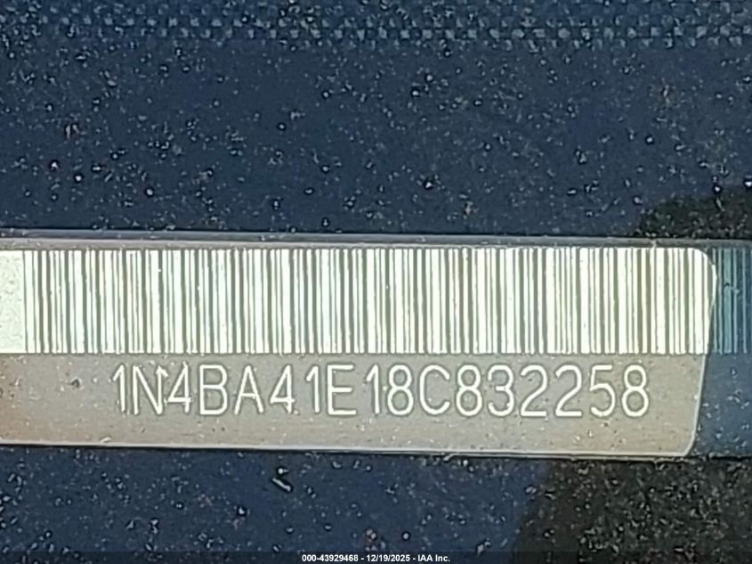 2008 Nissan Maxima 3.5 Sl VIN: 1N4BA41E18C832258 Lot: 43929468
