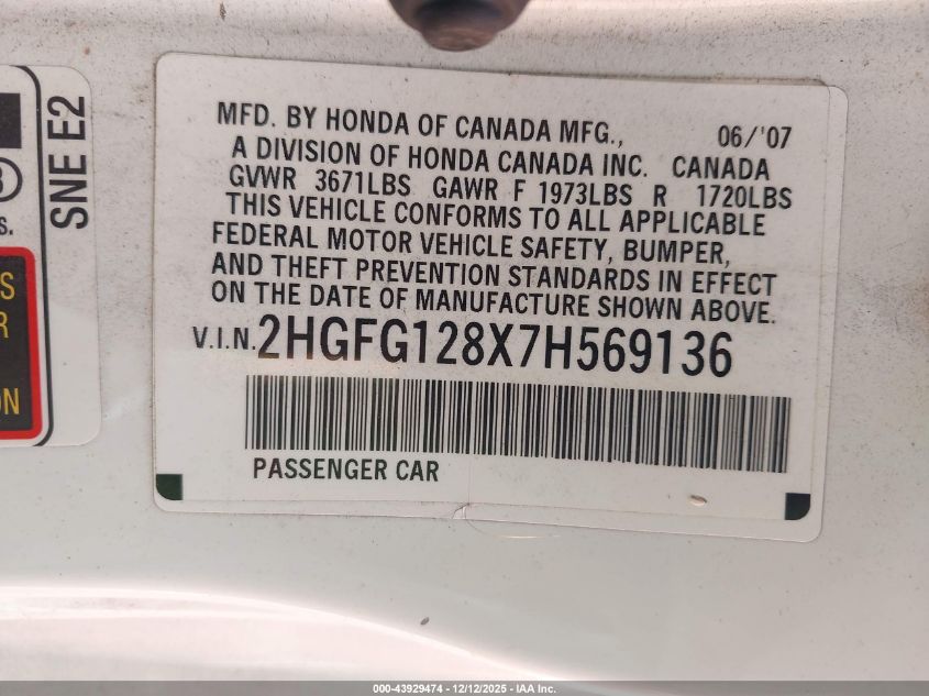 2007 Honda Civic Ex VIN: 2HGFG128X7H569136 Lot: 43929474