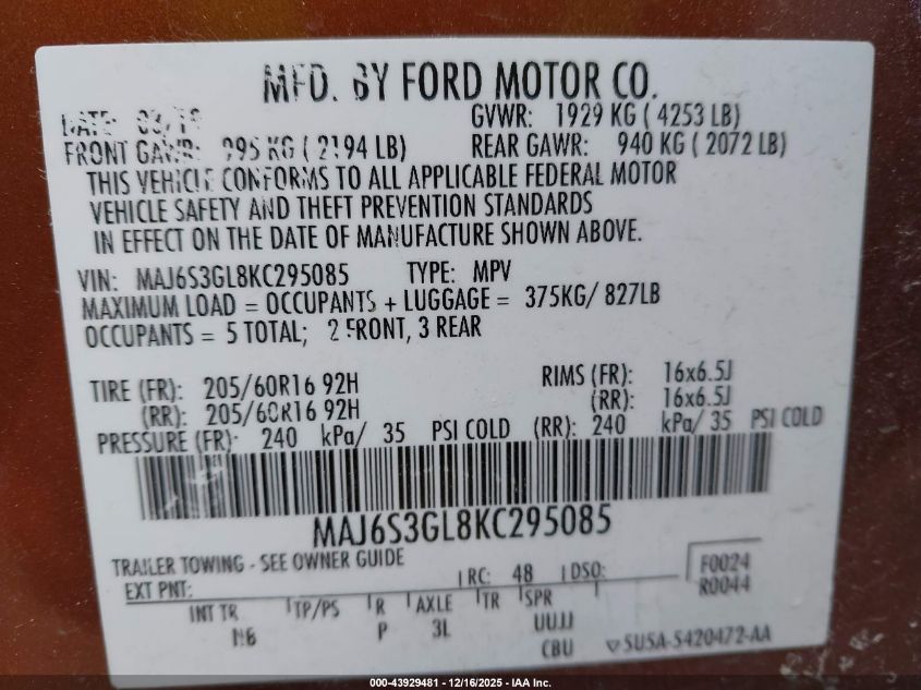 2019 Ford Ecosport Se VIN: MAJ6S3GL8KC295085 Lot: 43929481