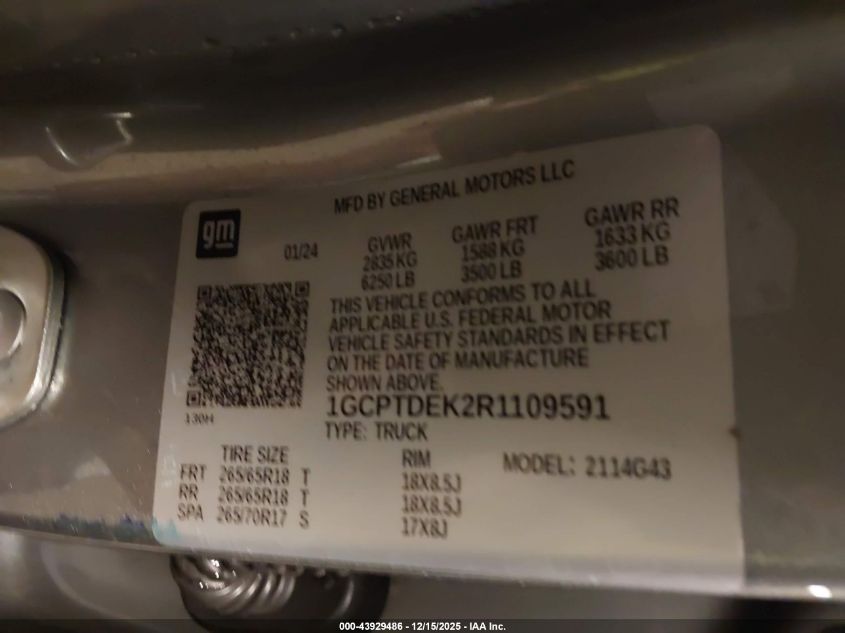 2024 Chevrolet Colorado 4Wd Z71 VIN: 1GCPTDEK2R1109591 Lot: 43929486