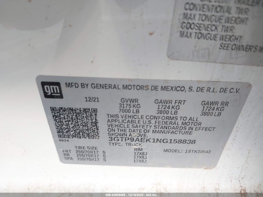 2022 GMC Sierra 1500 Limited 4Wd Short Box Pro VIN: 3GTP9AEK1NG158838 Lot: 43929488