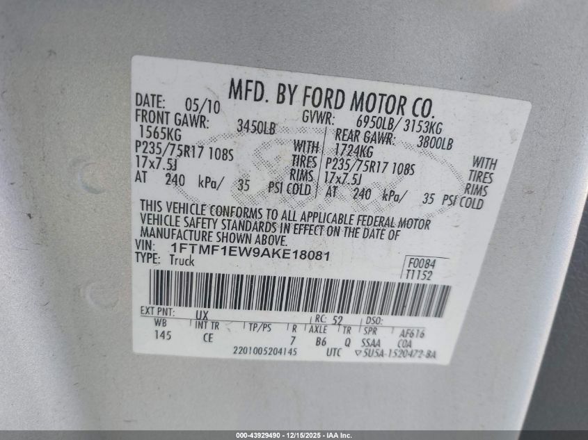 2010 Ford F-150 Stx/Xl/Xlt VIN: 1FTMF1EW9AKE18081 Lot: 43929490