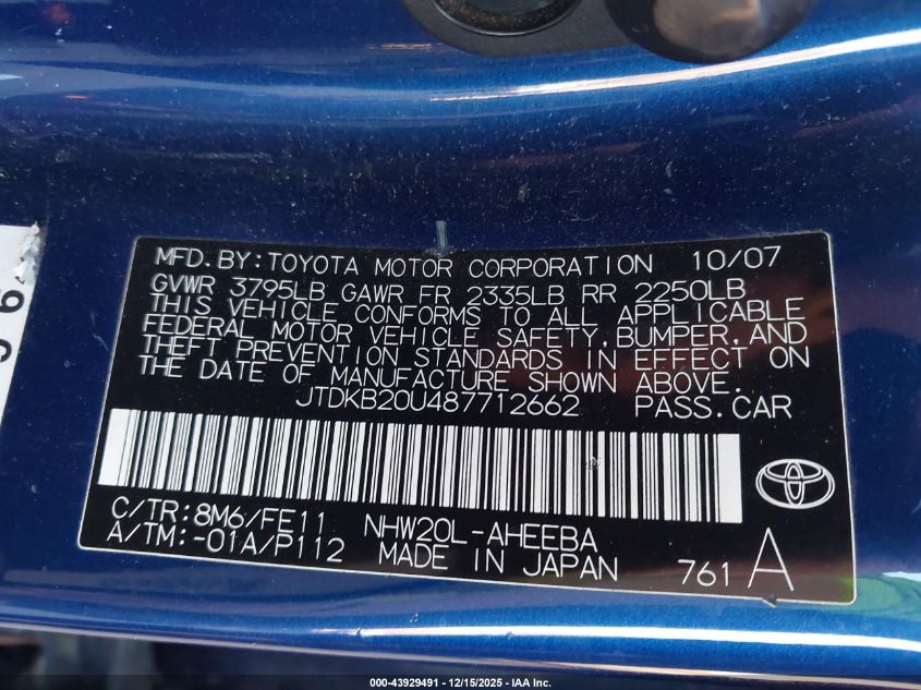 2008 Toyota Prius Touring VIN: JTDKB20U487712662 Lot: 43929491