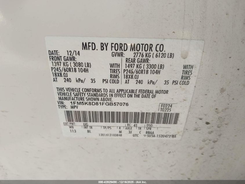 2015 Ford Explorer Xlt VIN: 1FM5K8D81FGB57076 Lot: 43929498