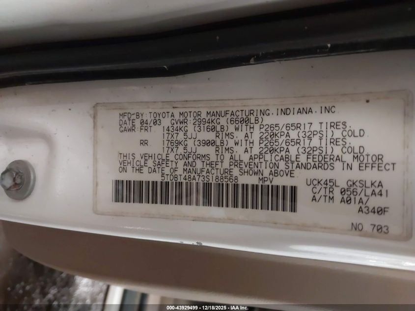 2003 Toyota Sequoia Limited V8 VIN: 5TDBT48A73S188568 Lot: 43929499