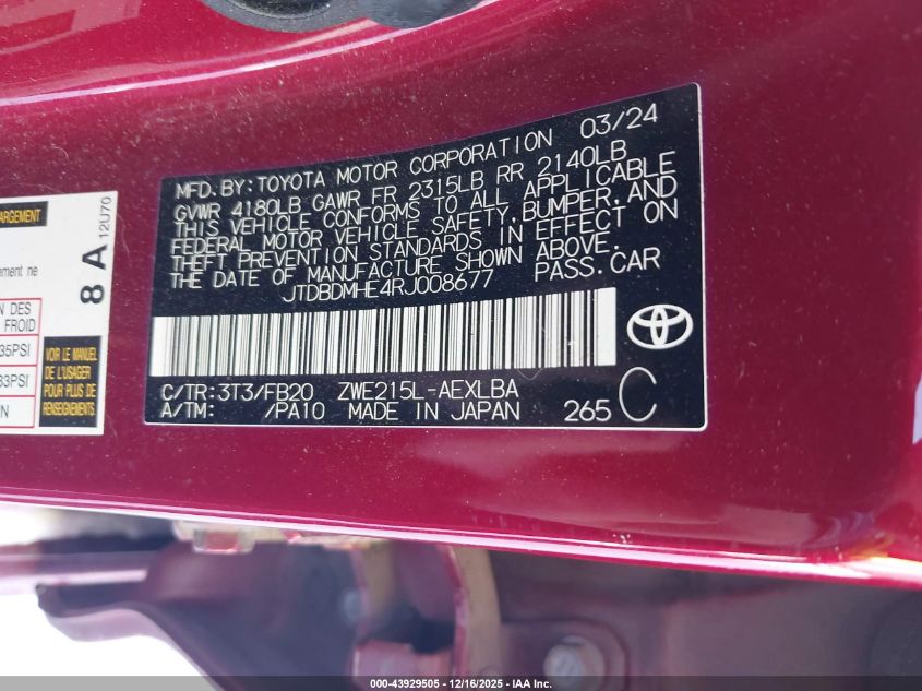 2024 Toyota Corolla Hybrid Le VIN: JTDBDMHE4RJ008677 Lot: 43929505