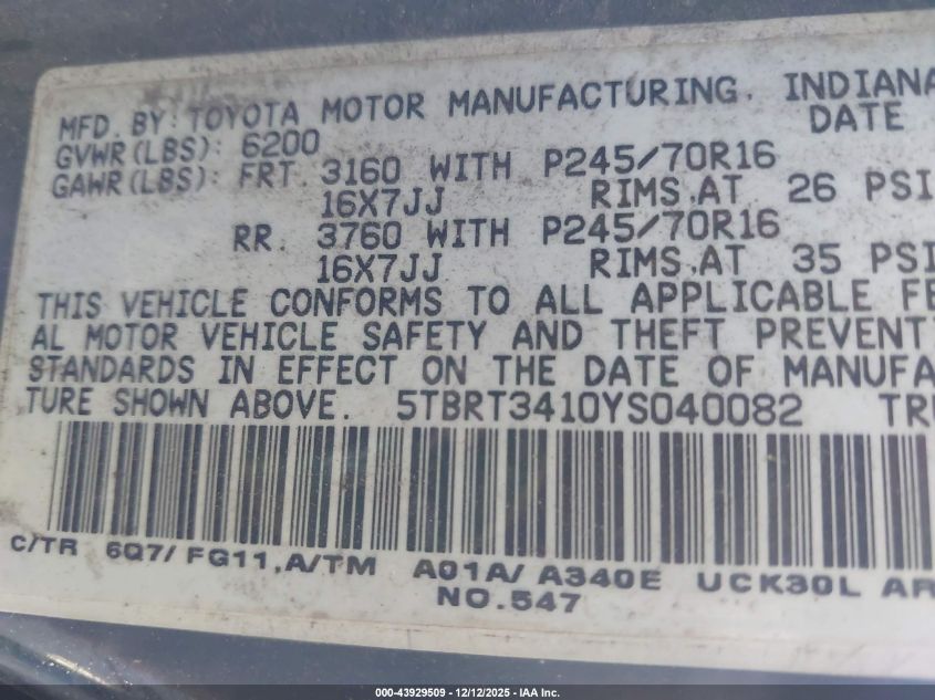 2000 Toyota Tundra Sr5 V8 VIN: 5TBRT3410YS040082 Lot: 43929509