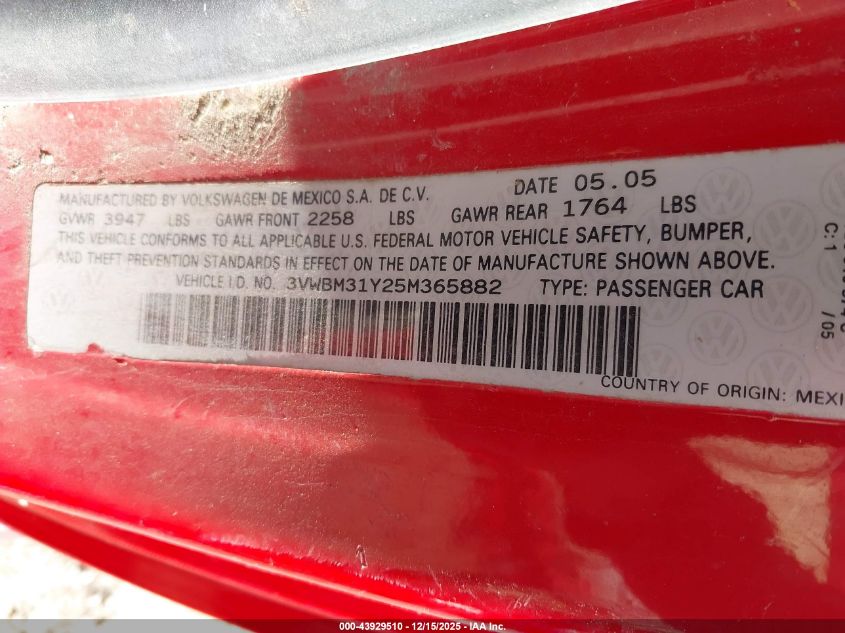 2005 Volkswagen New Beetle Gl VIN: 3VWBM31Y25M365882 Lot: 43929510