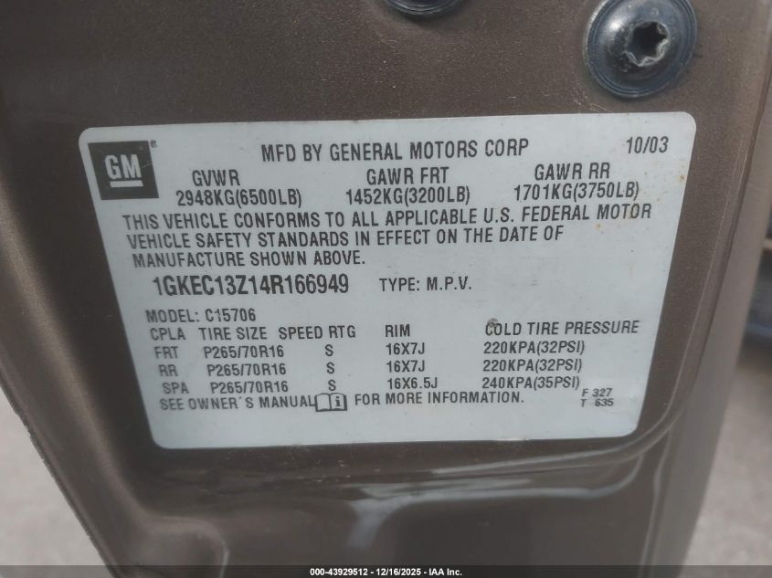 2004 GMC Yukon Slt VIN: 1GKEC13Z14R166949 Lot: 43929512