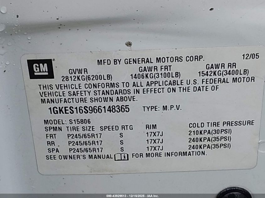 2006 GMC Envoy Xl Slt VIN: 1GKES16S966148365 Lot: 43929513