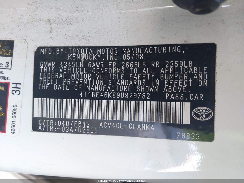 2009 Toyota Camry Le VIN: 4T1BE46K89U829782 Lot: 43929522