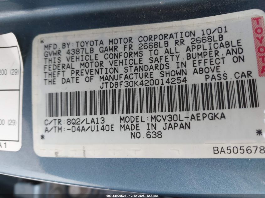 2002 Toyota Camry Xle V6 VIN: JTDBF30K420014254 Lot: 43929523