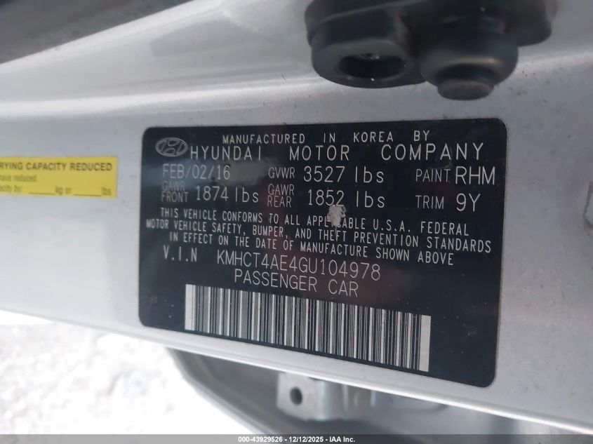2016 Hyundai Accent Se VIN: KMHCT4AE4GU104978 Lot: 43929526