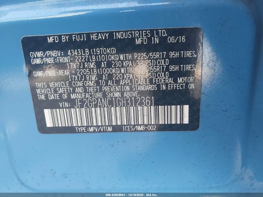 2016 Subaru Crosstrek 2.0I Limited VIN: JF2GPANC1GH312361 Lot: 43929541