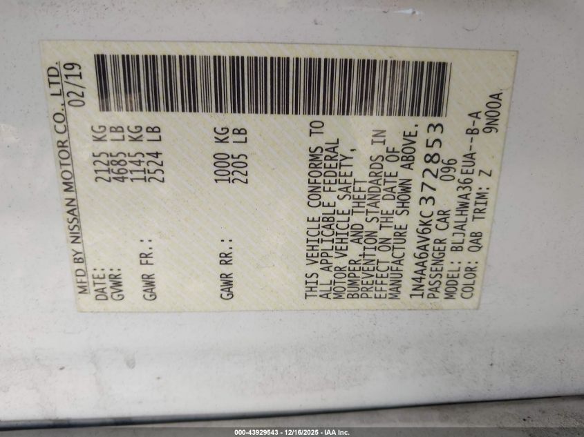 2019 Nissan Maxima 3.5 Platinum VIN: 1N4AA6AV6KC372853 Lot: 43929543