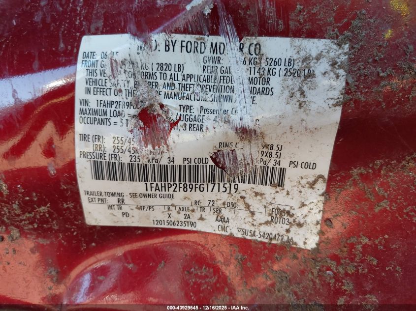 2015 Ford Taurus Limited VIN: 1FAHP2F89FG171519 Lot: 43929545