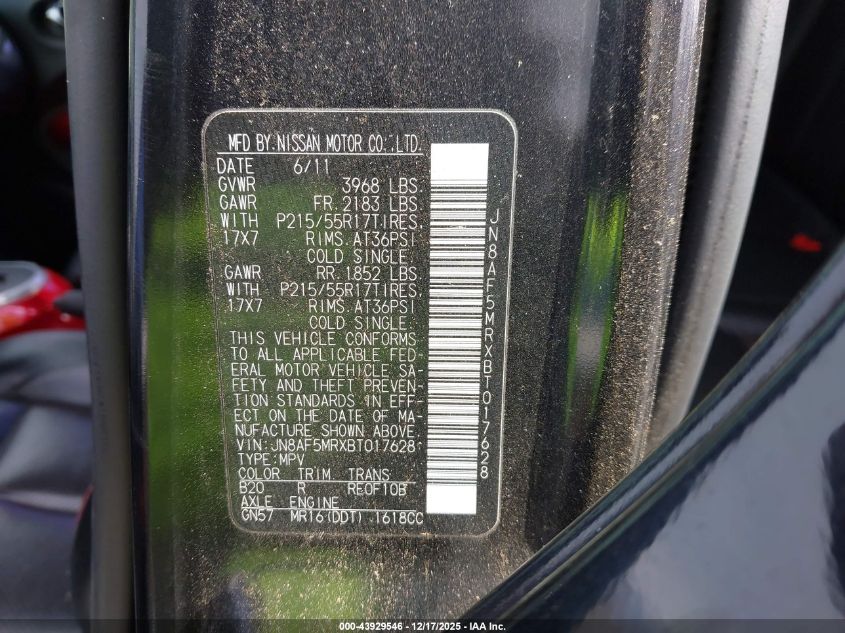 2011 Nissan Juke Sl VIN: JN8AF5MRXBT017628 Lot: 43929546