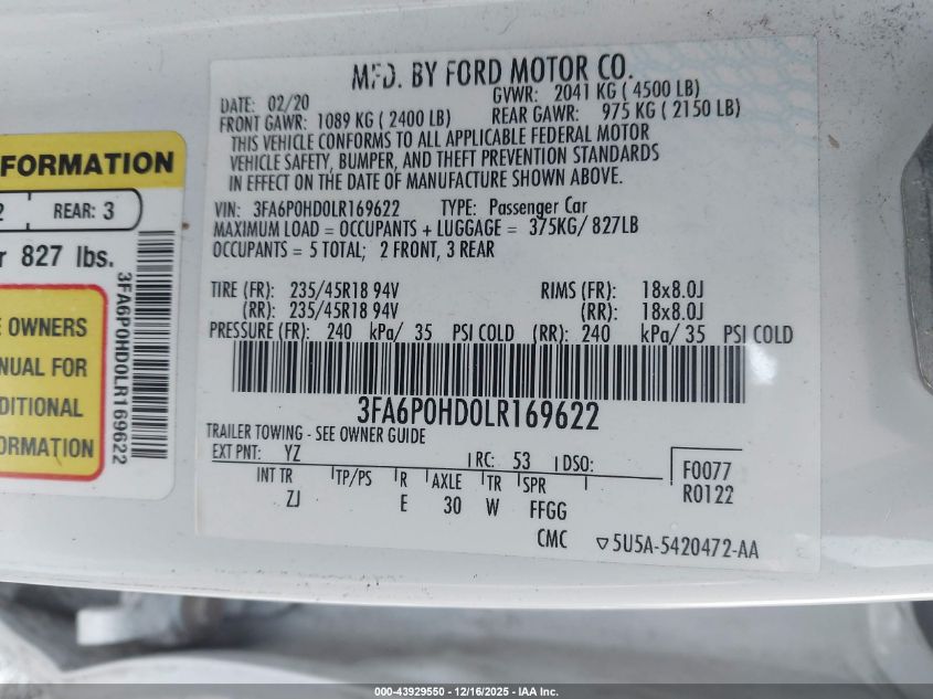 2020 Ford Fusion Se VIN: 3FA6P0HD0LR169622 Lot: 43929550