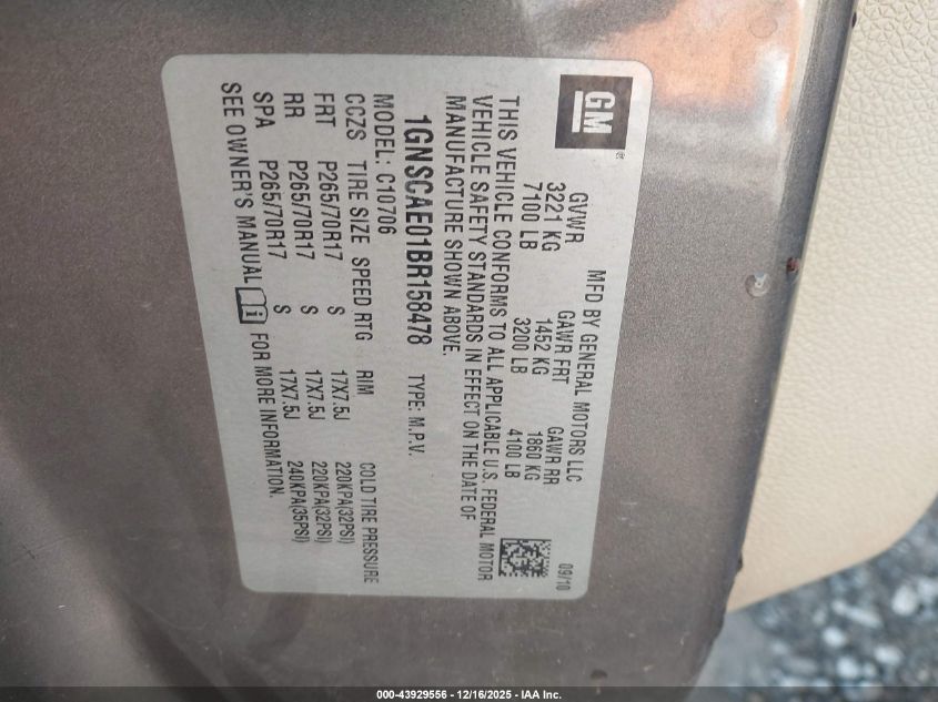 2011 Chevrolet Tahoe Ls VIN: 1GNSCAE01BR158478 Lot: 43929556