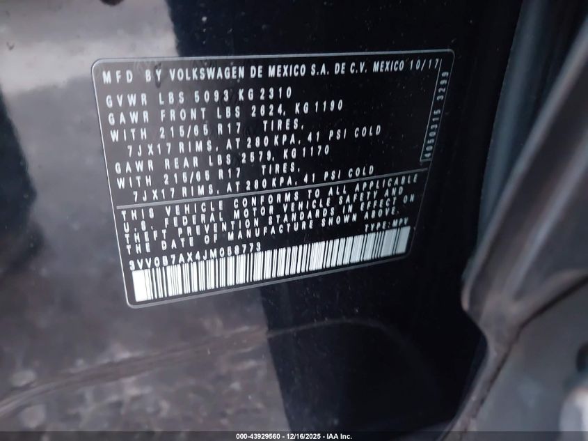 2018 Volkswagen Tiguan 2.0T S VIN: 3VV0B7AX4JM058773 Lot: 43929560