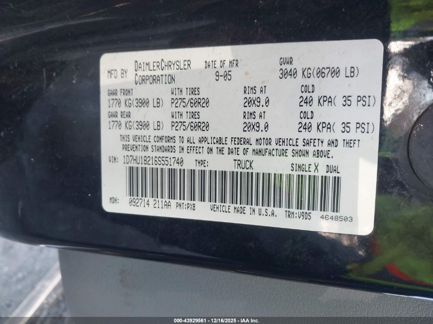 2006 Dodge Ram 1500 Slt/Trx4 Off Road/Sport VIN: 1D7HU18216S551740 Lot: 43929561