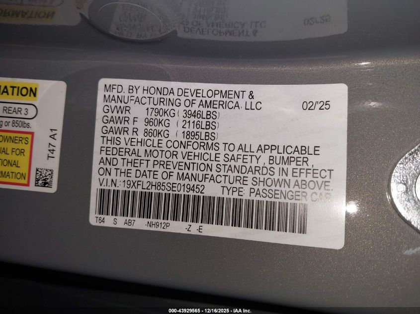 2025 Honda Civic Sedan Sport VIN: 19XFL2H85SE019452 Lot: 43929565