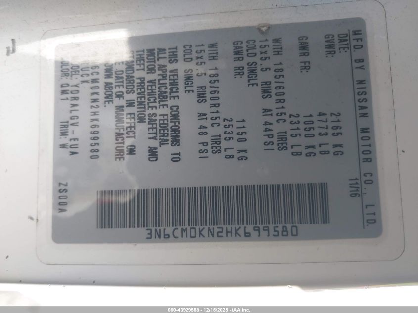 2017 Nissan Nv200 Sv VIN: 3N6CM0KN2HK699580 Lot: 43929568