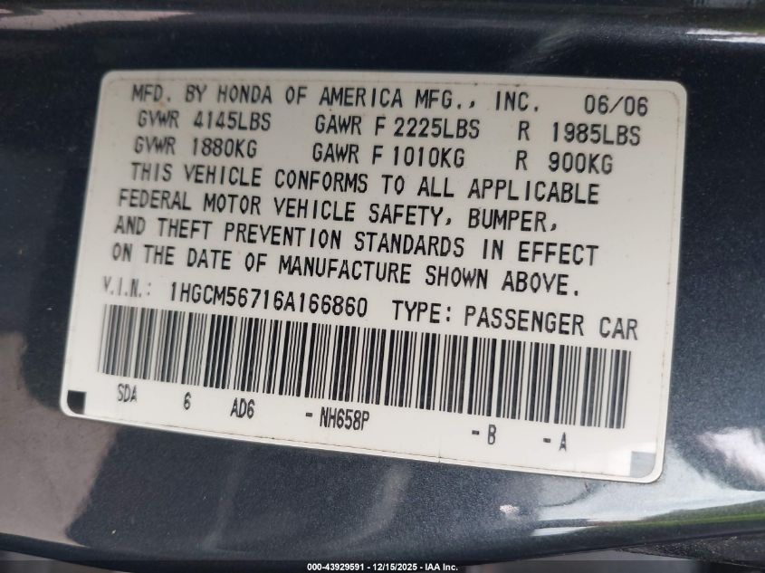 2006 Honda Accord Sdn 2.4 Ex/Ex VIN: 1HGCM56716A166860 Lot: 43929591