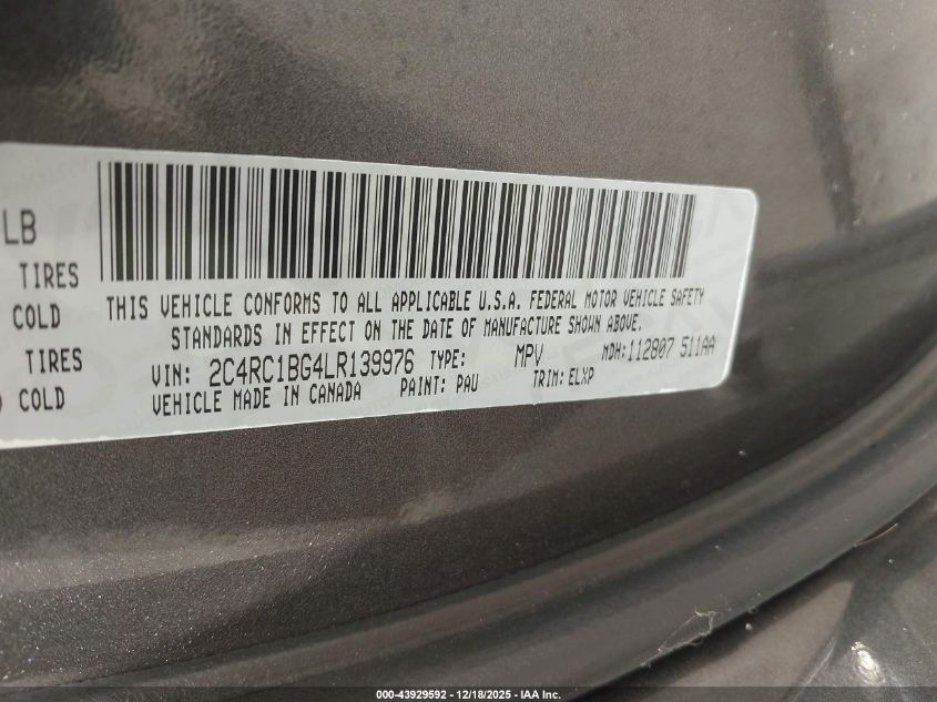 2020 Chrysler Pacifica Touring L VIN: 2C4RC1BG4LR139976 Lot: 43929592