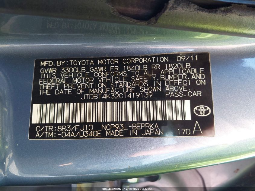 2012 Toyota Yaris VIN: JTDBT4K32C1419139 Lot: 43929597