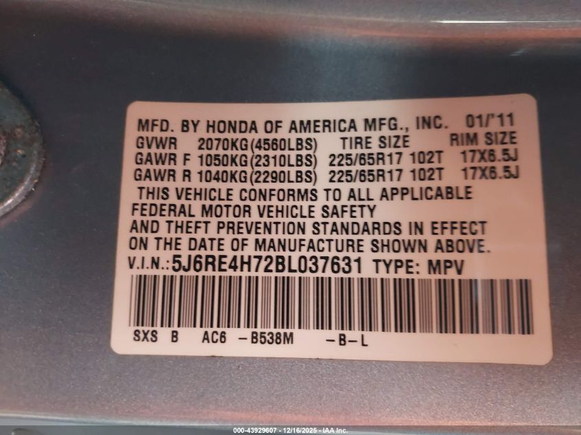 2011 Honda Cr-V Ex-L VIN: 5J6RE4H72BL037631 Lot: 43929607
