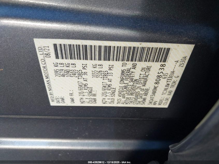 2021 Nissan Rogue S Intelligent Awd VIN: 5N1AT3AB0MC808538 Lot: 43929612